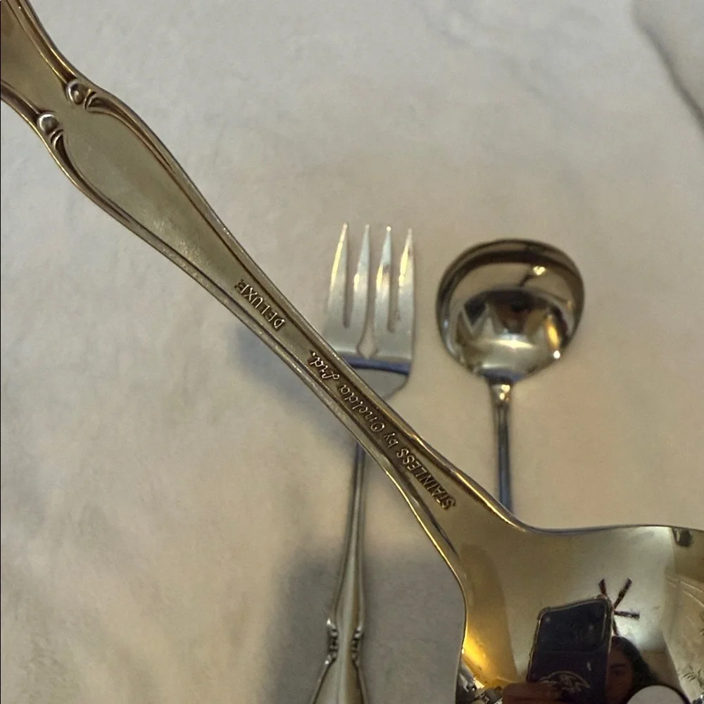 Oneidacraft Deluxe Stainless Serving Spoon, soup spoon and  Fork Glossy Silver
